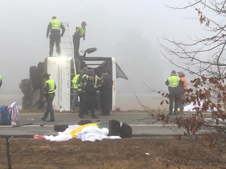 State Police investigate a double fatal commercial bus accident along I-95 in Prince George County on March 19, 2019. (Matt Demlein, WRVA)